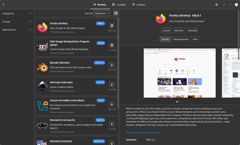 Pamac GTK3 on Plasma 6 with package information sidebar